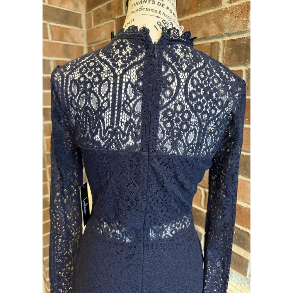 Lulus Navy Lace Dress Long Sleeve Midi Cocktail Party SZ S - Picture 4 of 15